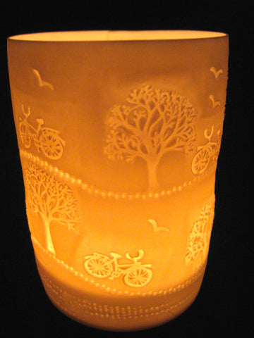 bicycle ride in the country side images on porcelain tealight holder handmade by stefstorey