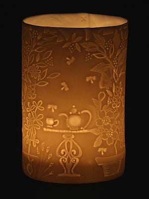 Tea in the garden design on porcelain tealight holder lovingly made by stef storey £15