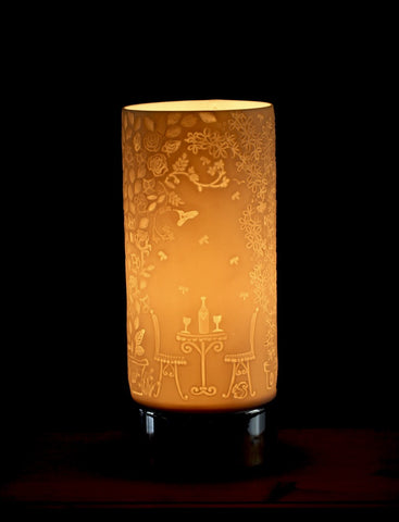 Beautiful Garden Scene printed on porcelain cylinder on a touch base lamp